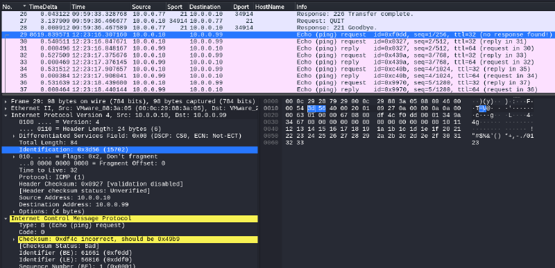 Felaktig kontrollsumma av ICMP-paket